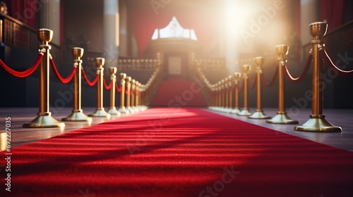 Red carpet in Medieval castle with gold royal thrones. photo