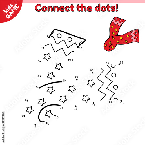 Dot to dot kids game. Winter scarf. Connect the dots by numbers and draw cartoon winter clothes. Educational puzzle for preschool and school children. Isolated vector illustration on white background.