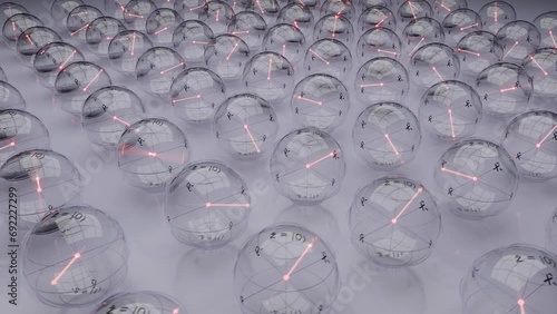3d render of a collection of abstract qubit objects with states represented in their respective Bloch spheres.