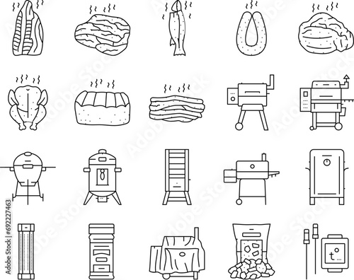 smoked meat food sausage ham icons set vector. pork beef, chicken steak, bacon smoke, salami raw, slice salmon, bbq fire, cold smoked meat food sausage ham black contour illustrations