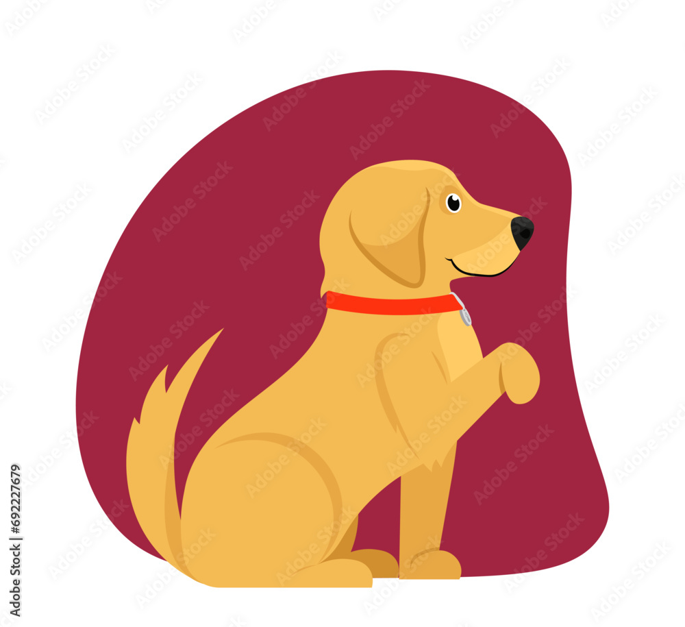 Portrait of cute dog. Adorable trained Labrador sits and stretches out his paw. Happy fluffy puppy. Avatar of cheerful pet or animal. Cartoon flat vector illustration isolated on white background