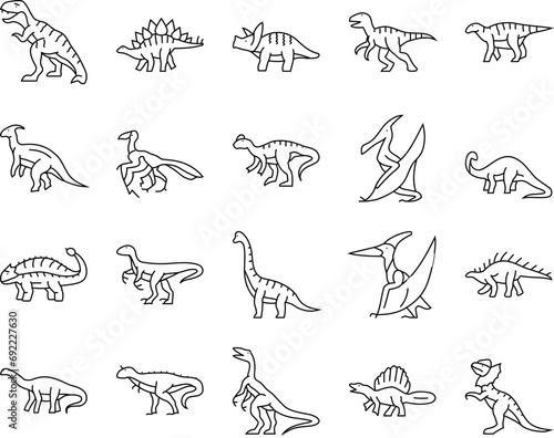 dinosaur dino animal cute icons set vector. jurassic rex, tyrannosaurus monster, funny prehistoric triceratops, nature fossil, forest dragon dinosaur dino animal cute black contour illustrations