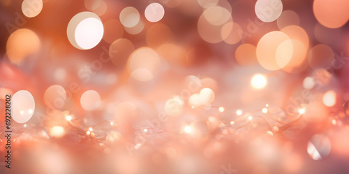 An peach fuzz color gradient background with sparkling bokeh lights. Color of the 2024 year. Copy space.