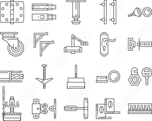 hardware furniture equipment icons set vector. metal construction, steel element, silver tool, screw bolt, wood home, house repair hardware furniture equipment black contour illustrations