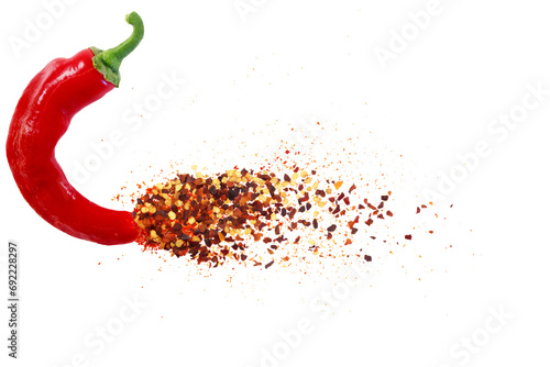  dry organic kashmiri red chili pepper with chili pepper flakes powder burst texture on cutout transparent background,png format,selective focus,top view,text copy space