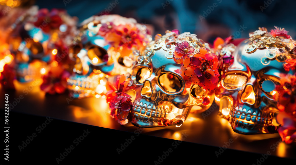 Colorful glowing skulls with flowers