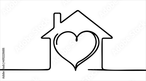 Home with heart line art drawing vector illustration. Continuous one line drawing house with heart shape.