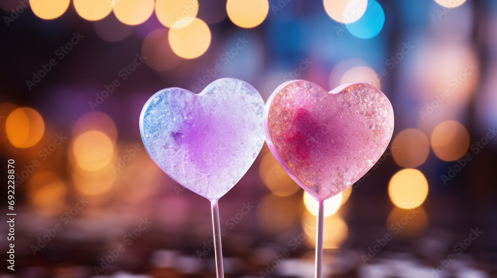 Two heart-shaped lollypops, abstract blurred background Two heart-shaped lollypops, abstract blurred background