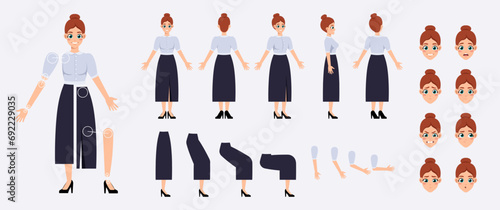 Set of Character Constructor for Animation. Smiling female teacher in classic clothes. Body parts in different position. Facial emotions. Cartoon flat vector illustrations isolated on white background