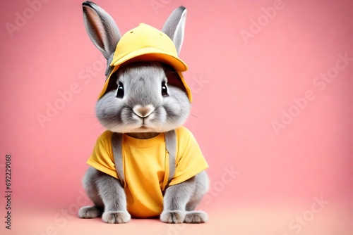 cute grey rabbit wear a yellow romper and yellow cap with pink background © Shahla