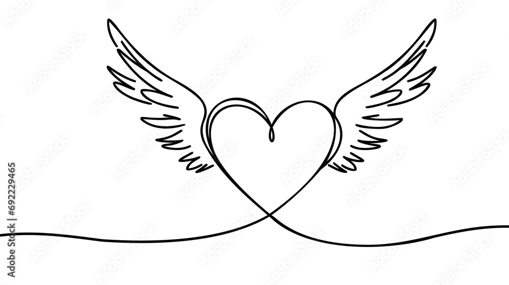 Continuous line drawing. Heart with wings. Valentine's day. Love. Black isolated on white background. Continuous line drawing. Heart with wings. Valentine's day. Love. Black isolated on white background.
