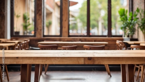 Empty Wooden Table for Product Presentation with Cafe  Restaurant Background 