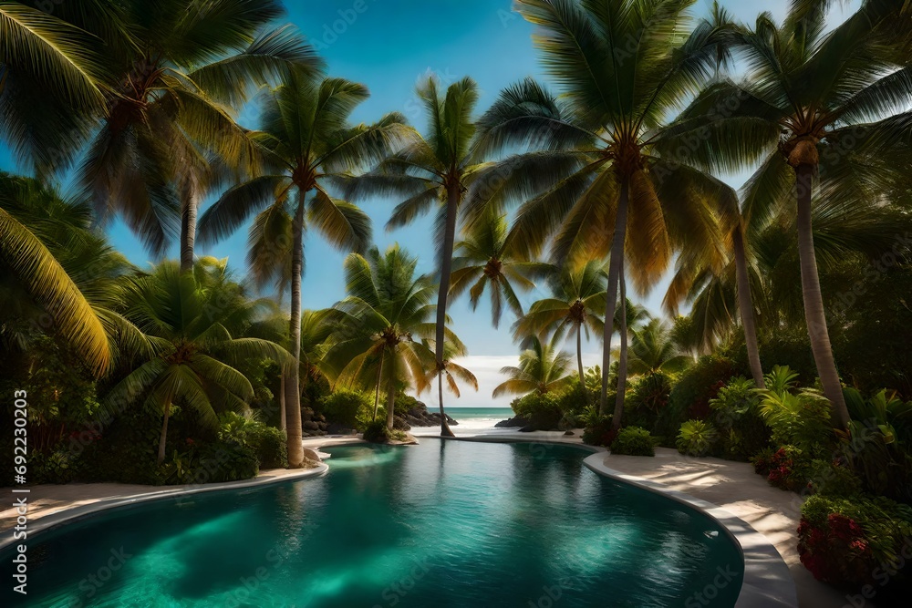 Craft an image of coastal grandeur, highlighting an entryway framed by towering palm trees, welcoming visitors with the allure of tropical paradise