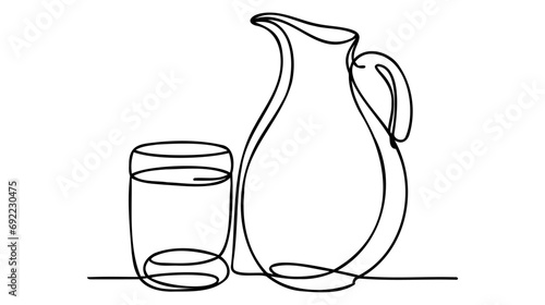 Drawing a continuous line. Jug and glass on white isolated background. Linear style