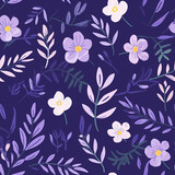 A seamless pattern featuring delicate flowers and leaves with a purple background