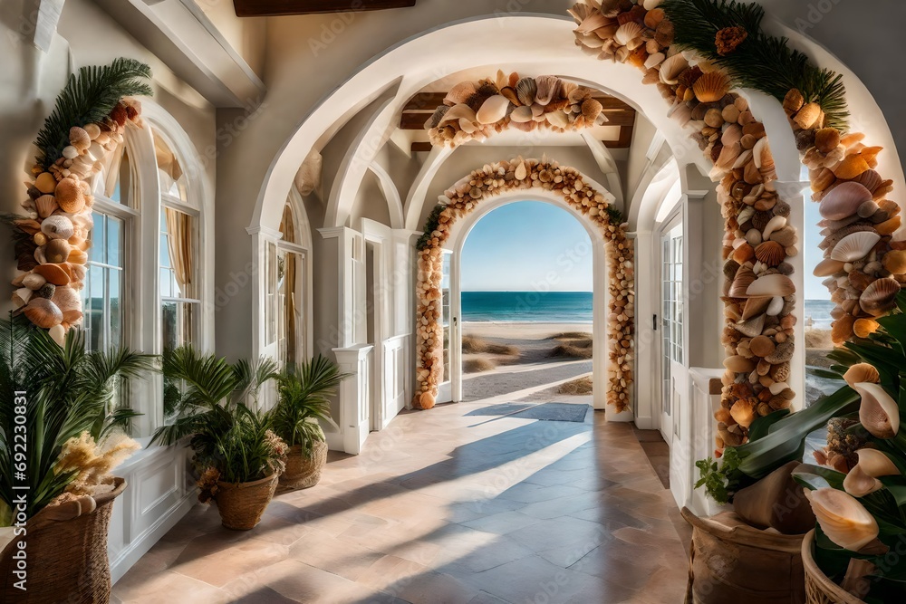 Fototapeta premium Evoke the charm of coastal sophistication with an image featuring an entryway adorned with seashell-adorned arches, exuding timeless coastal allure