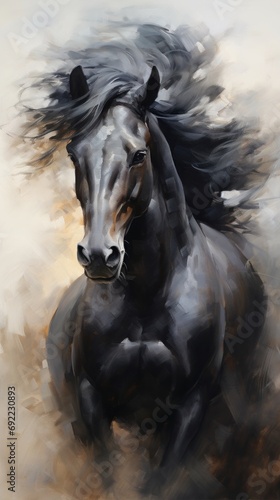 Majestic Black Horse Galloping in Field. Power and Grace of Wild Horse in Motion. Illustration in style of oil painting, rough brush strokes. Concept of freedom and beauty of wild animal, Vertical