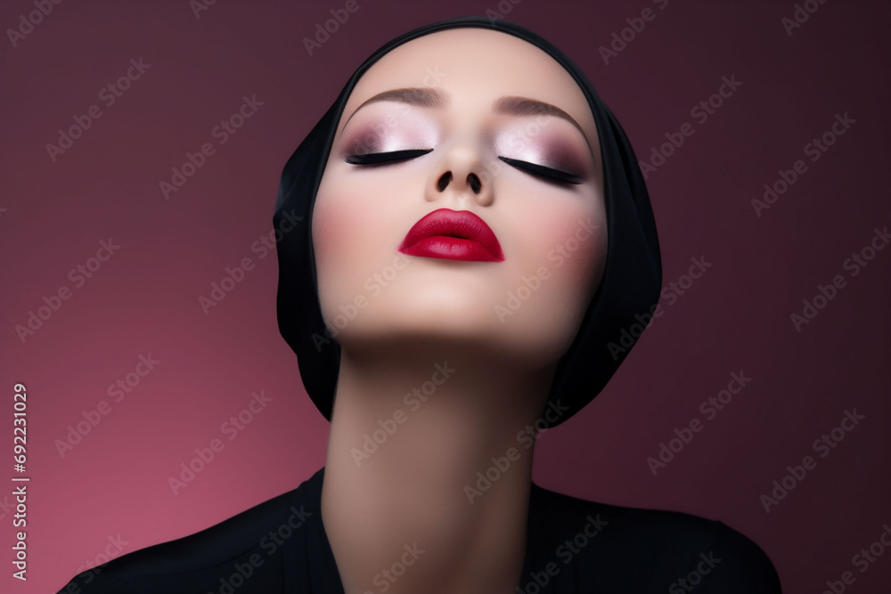 A hairless woman in a black shirt and a black hat her eyes closed after chemotherapy with red lips. World cancer day. Dark background. Copy space. A hairless woman in a black shirt and a black hat her eyes closed after chemotherapy with red lips. World cancer day. Dark background. Copy space.
