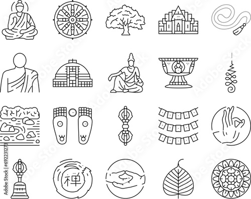 buddhism buddha lotus meditation icons set vector. buddhist religion, culture statue, zen religious, asia monk, thailand chinese, thai buddhism buddha lotus meditation black contour illustrations