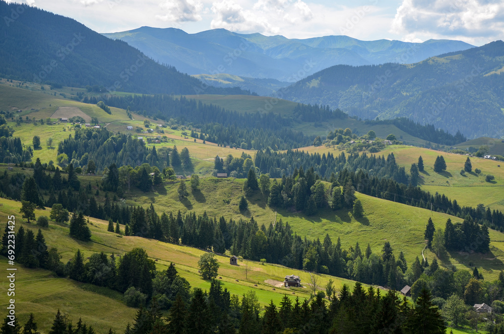 Summer countryside landscape with sunlit hilly pasture, village houses on the slopes and forest. Carpathian Mountains, Ukraine