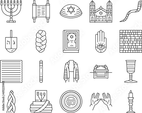 judaism jewish jew israel torah icons set vector. synagogue holocaust, hebrew israeli, kippur hanukkah, yom shofar, pray star candle judaism jewish jew israel torah black contour illustrations photo