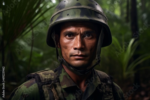 Portrait of a soldier in the jungle, wearing a military helmet