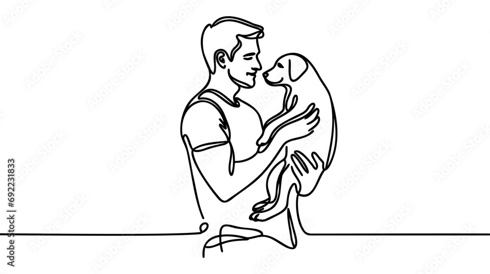 Man holds a dog in his hands or walks with him - one line art vector. concept dog owner, dog grooming Man holds a dog in his hands or walks with him - one line art vector. concept dog owner, dog grooming