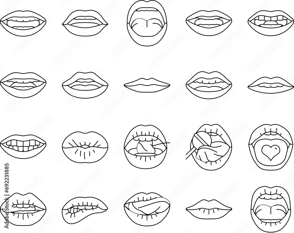 mouth character animation icons set vector. smile face, movement pronunciation, sync talk, expression speech, lip speak mouth character animation black contour illustrations mouth character animation icons set vector. smile face, movement pronunciation, sync talk, expression speech, lip speak mouth character animation black contour illustrations