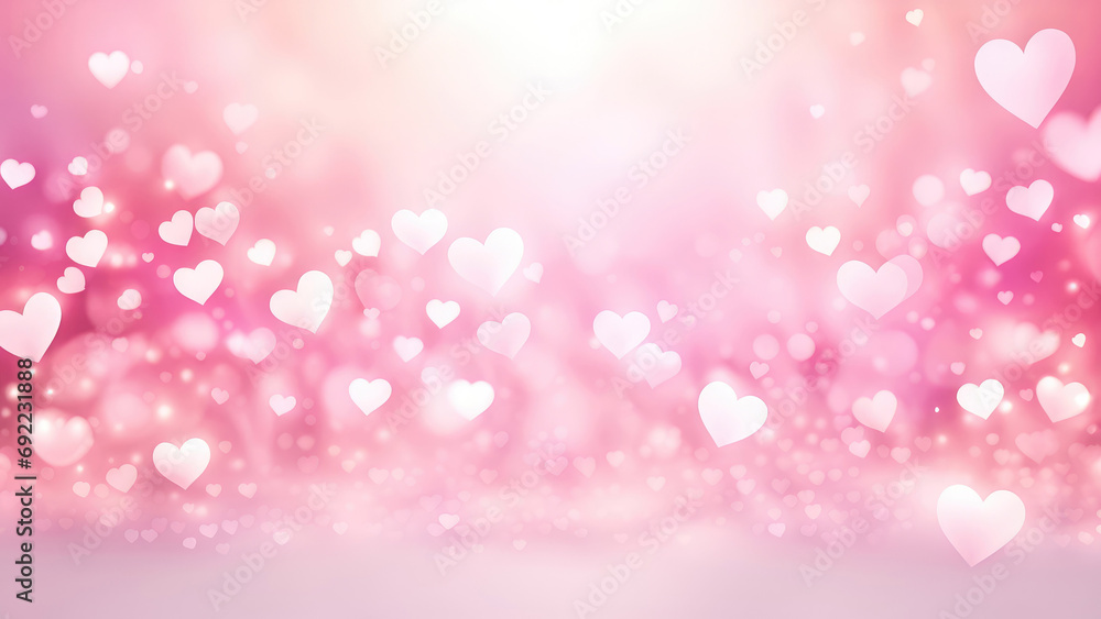 Valentines Day hearts abstract holiday background. Pink blurred heart shaped lights texture.St.Valentine's Day,Love Wedding wallpaper.Banner for design with copy space.AI generated.