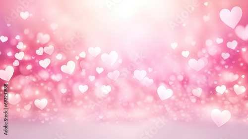 Valentines Day hearts abstract holiday background. Pink blurred heart shaped lights texture.St.Valentine's Day,Love Wedding wallpaper.Banner for design with copy space.AI generated.