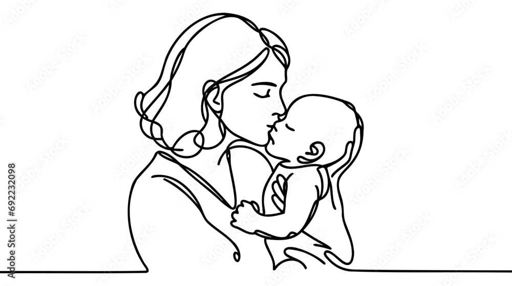Continuous line drawing mother kisses baby. One line drawing of mother and her child Continuous line drawing mother kisses baby. One line drawing of mother and her child