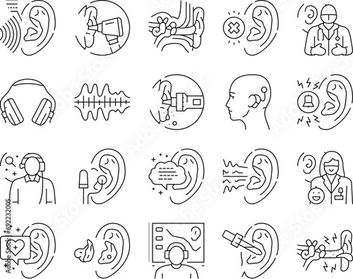 audiologist doctor ear deaf icons set vector. aid health, otolaryngologist test, adult woman, patient technology, hear audiologist doctor ear deaf black contour illustrations photo
