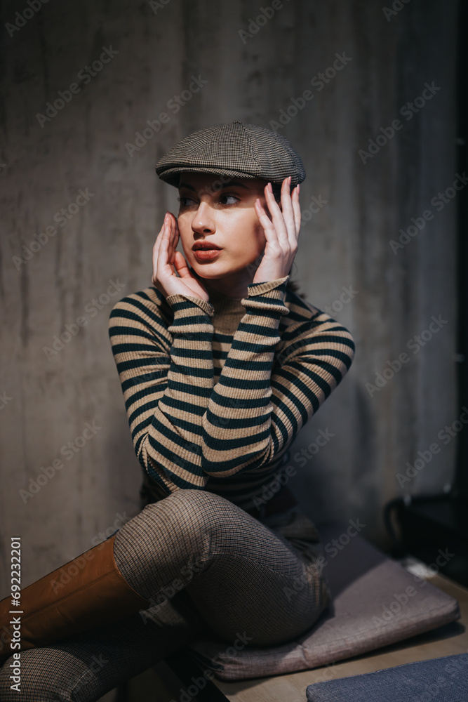 Obraz premium Attractive young woman in her 20s with a cheerful expression, sitting indoors and wearing a stylish newsboy hat. Her striped clothing adds to her fashionable and elegant look.