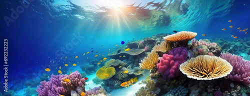 Underwater serenity meets the vibrant flamboyant life of a coral reef. A split-view of an underwater scene showcasing the beauty of tropical aquatic life. Great barrier reef in Australia. photo