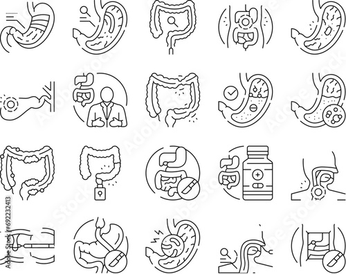 gastroenterologist doctor stomach icons set vector. health gastroenterology, intestine research, medical bowel, disease microbiota gastroenterologist doctor stomach black contour illustrations