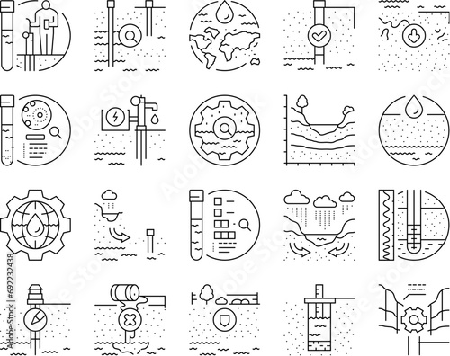 hydrogeologist industrial icons set vector. geology industry, pipe drill, man engineering mining, geologist oil, team, data hydrogeologist industrial black contour illustrations