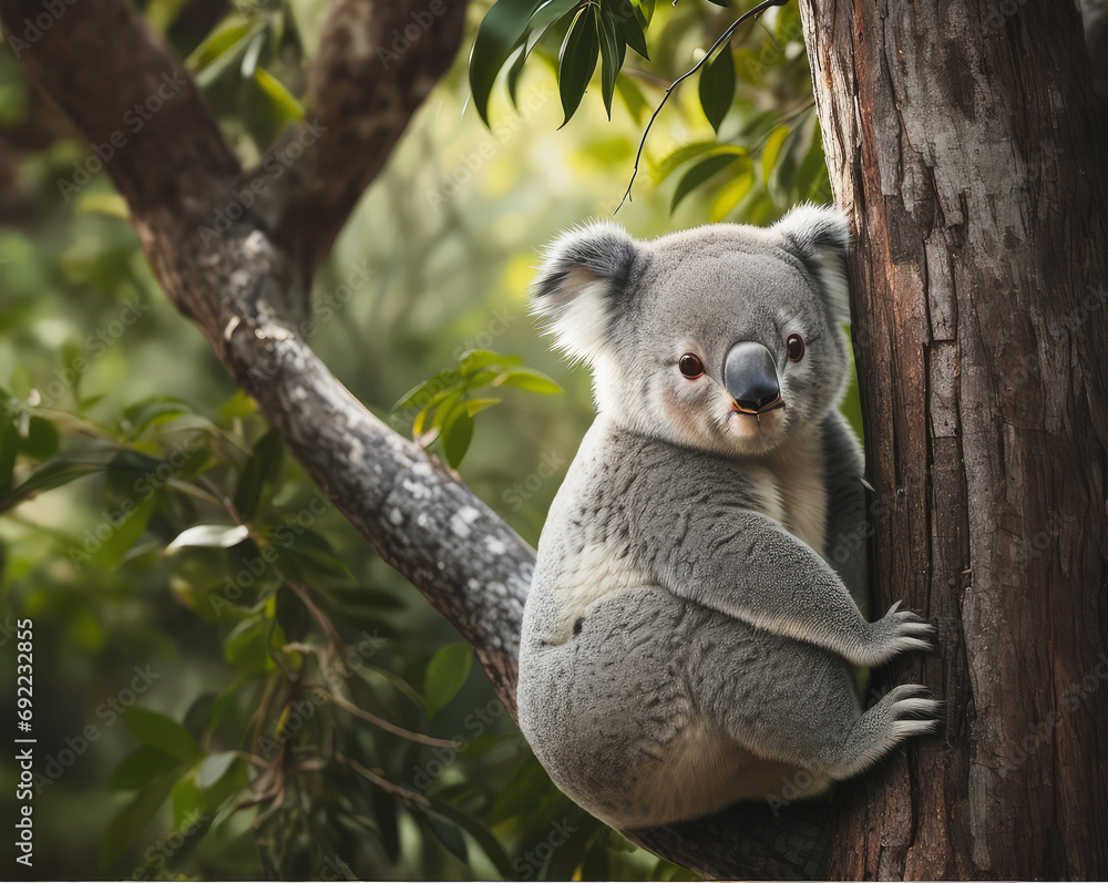 Fototapeta premium Cute Koala Bear on Eucalyptus Tree Branch in Australian Wildlife