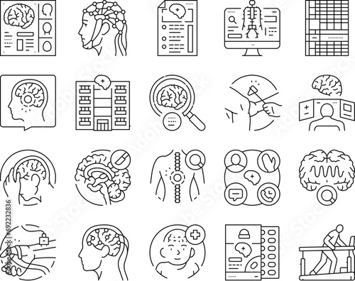 brain neurologist doctor icons set vector. health neurology, medical hospital, technology nerve, surgery patient, medicine brain neurologist doctor black contour illustrations