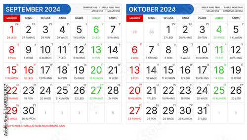 Simple calendar set for September - October 2024. Simple editable vertical vector calender photo
