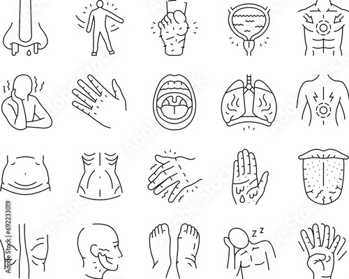 disease symptom health icons set vector. epidemic medicine, sick infection, corona heart, pain, patient infographic, stroke disease symptom health black contour illustrations