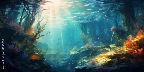 Underwater Seascape Panorama in Oil Painting Style - For Background, Poster, Wall Art, Wallpaper 