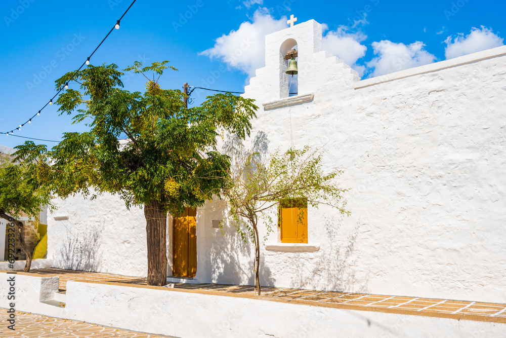 Typical Greek style church in Kimolos village, Kimolos island, Cyclades, Greece