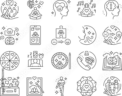 mental health people care mind icons set vector. emotion support, psychology therapy, positive happy, stress help, world illness mental health people care mind black contour illustrations