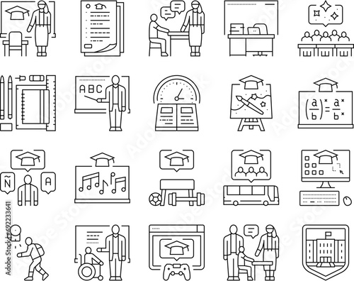 primary school teacher education icons set vector. classroom elementary, learning class, child people, children, desk boy, teaching primary school teacher education black contour illustrations