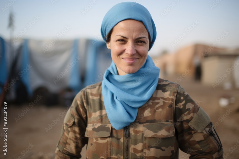 Portrait of smiling muslim woman in camouflage clothing on blurred background