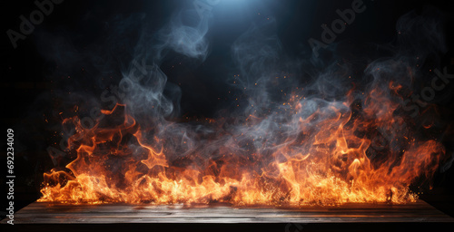 wooden board with fire flames on a dark background to display products  photo