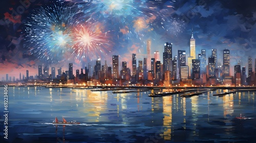 new year cityscape with fireworks wallpaper,background © NONTHANET