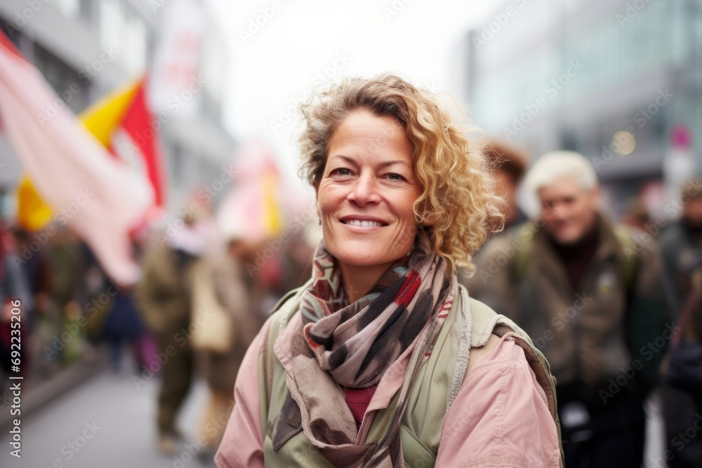 Portrait of happy mature woman in the street with flags and banners