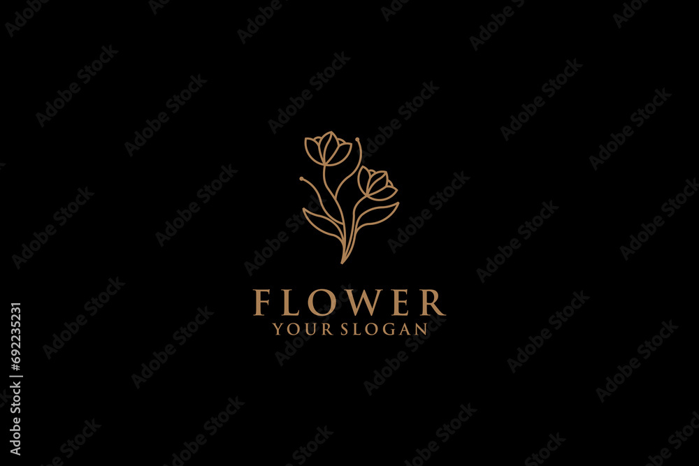 Abstract hand drawn decorative vintage horizontal flower logo with stars. icon, vector illustration in trendy line linear art style. Branding. Floral Boutique, Fashion, Feminine