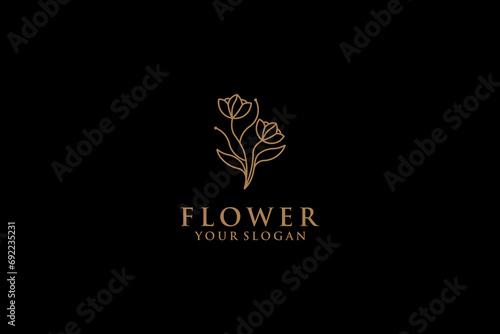 Abstract hand drawn decorative vintage horizontal flower logo with stars. icon  vector illustration in trendy line linear art style. Branding. Floral Boutique  Fashion  Feminine